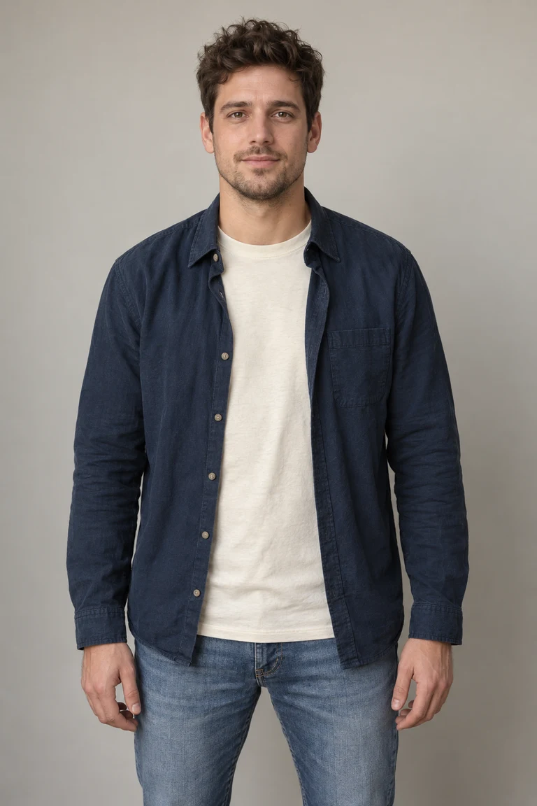 Man with short brown hair wearing a dark blue overshirt and cream T-shirt